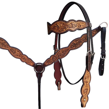 HILASON Western Horse Floral Headstall Breast Collar One American Leather Tack Set